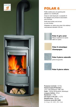 POLAR 6
12
Polar 6 gris acier
Plaque supérieure en pierre
ollaire en option
Puissance nominale : 6,5 Kw
Hauteur/Largeur/Profondeur :
1110 (+30 supérieure) / 596 / 445
Poids : 130 kg (185 kg pierre, céramique)
Longueur bûches : 33 cm
Rendement : > 79%
CO moyen à 13% d’O2
: < 0,1%
Diamètre buse : 150 mm
Conforme norme EN 13240
(m = 6,5 g/s - tW = 330°C - PW = 12 pa)
Poêle ovalisé avec une grande porte
galbée et un chauffe plat.
Corps en acier laqué gris. La poignée et
les réglages d’air primaire et secondaire
sont chromés.
Sortie des fumées vers le haut
ou vers l’arrière.
Adaptateur en option pour prise d’air extérieur
raccordement diamètre 100 mm.
Polar 6 pierre ollaire
Polar 6 céramique
Champagne
Polar 6 pierre naturelle
(photo de gauche)
 
