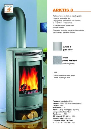 16
ARKTIS 8
Puissance nominale : 8 Kw
Hauteur : 1085 (+20 si plaque supérieure)
Largeur : 635
Profondeur : 470
Poids : 125 kg (164 kg pour le pierre)
Longueur bûches : 40 cm
Rendement : > 79%
CO moyen à 13% d’O2
: < 0,1%
Diamètre buse : 150 mm
Conforme norme EN 13240
(m = 7,5 g/s - tW = 310°C - PW = 11 pa)
Poêle de forme ovalisée et à porte galbée.
Corps en acier laqué gris.
La poignée et les réglages d’air primaire
et secondaire sont chromés.
Sortie des fumées vers le haut
ou vers l’arrière.
Adaptateur en option pour prise d’air extérieur
raccordement diamètre 100 mm.
Arktis 8
gris acier
Option :
- Plaque supérieure pierre ollaire
pour le modèle gris acier.
Arktis
pierre naturelle
(photo de gauche)
 