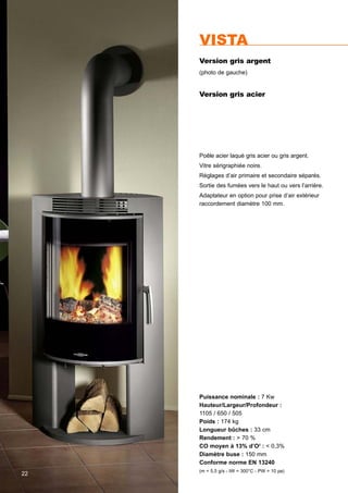 Puissance nominale : 7 Kw
Hauteur/Largeur/Profondeur :
1105 / 650 / 505
Poids : 174 kg
Longueur bûches : 33 cm
Rendement : > 70 %
CO moyen à 13% d’O2
: < 0,3%
Diamètre buse : 150 mm
Conforme norme EN 13240
(m = 5,5 g/s - tW = 300°C - PW = 10 pa)
VISTA
Version gris argent
(photo de gauche)
Version gris acier
22
Poêle acier laqué gris acier ou gris argent.
Vitre sérigraphiée noire.
Réglages d’air primaire et secondaire séparés.
Sortie des fumées vers le haut ou vers l’arrière.
Adaptateur en option pour prise d’air extérieur
raccordement diamètre 100 mm.
 