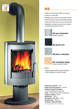 Puissance nominale : 6 Kw
Plage de fonctionnement : 2 à 8 kW
Hauteur/Largeur/Profondeur :
1100 (+30 supérieure) / 600 / 440
Poids : 165 kg (215 kg pierre, céramique)
Longueur bûches : 40 cm
Rendement : > 82%
CO moyen à 13% d’O2
: < 0,1%
Diamètre buse : 150 mm
Conforme norme EN 13240
(m = 5,9 g/s - tW = 270°C - PW = 12 pa)
K6
Poêle en acier pivotant à 360° sur sa base.
Intérieur en vermiculite.
Réglages d’air primaire et secondaire séparés.
Porte à fermeture 3 points (étanchéité parfaite).
Sortie des fumées vers le haut ou vers l’arrière.
Adaptateur en option pour prise d’air extérieur
raccordement diamètre 100 mm.
K6 pierre naturelle
K6 gris aluminium
(photo de gauche)
K6 granit noir
6
Options :
- Plaque supérieur plate en pierre naturelle
- Plaque supérieur en granit noir plate
K6 céramique beige
Plaque supérieure incluse
 