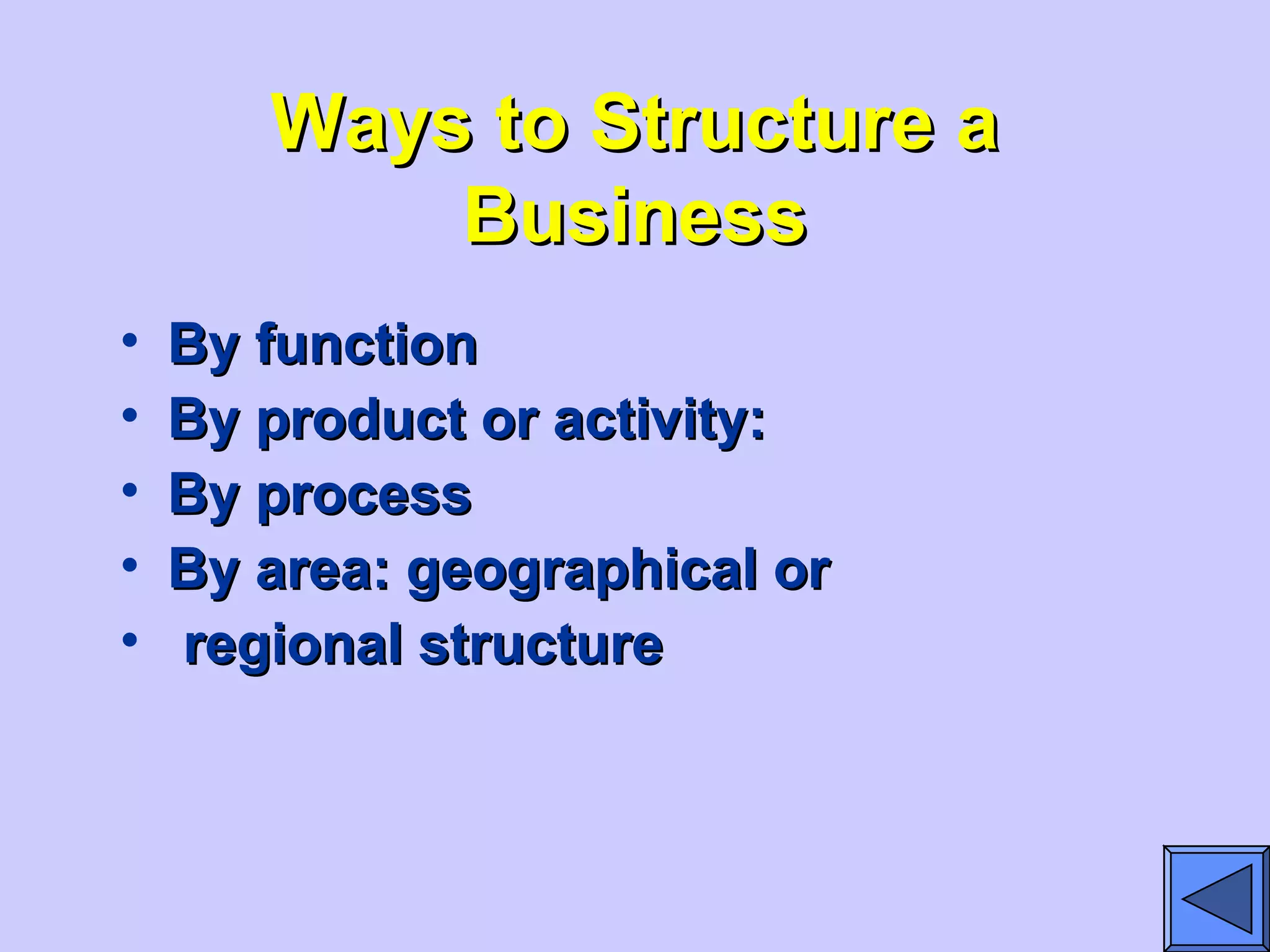 Ways to Structure aWays to Structure a
BusinessBusiness
• By functionBy function
• By product or activity:By product or activity:
• By processBy process
• By area: geographical orBy area: geographical or
• regional structureregional structure
 
