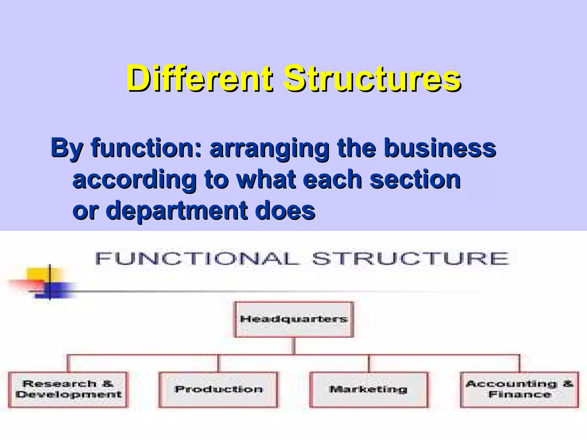 Different StructuresDifferent Structures
By function: arranging the businessBy function: arranging the business
according to what each sectionaccording to what each section
or department doesor department does
 
