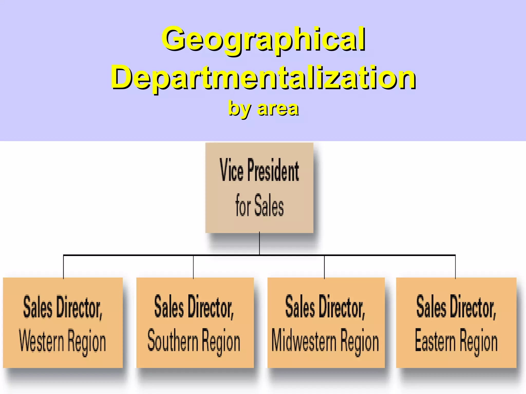 GeographicalGeographical
DepartmentalizationDepartmentalization
by areaby area
 