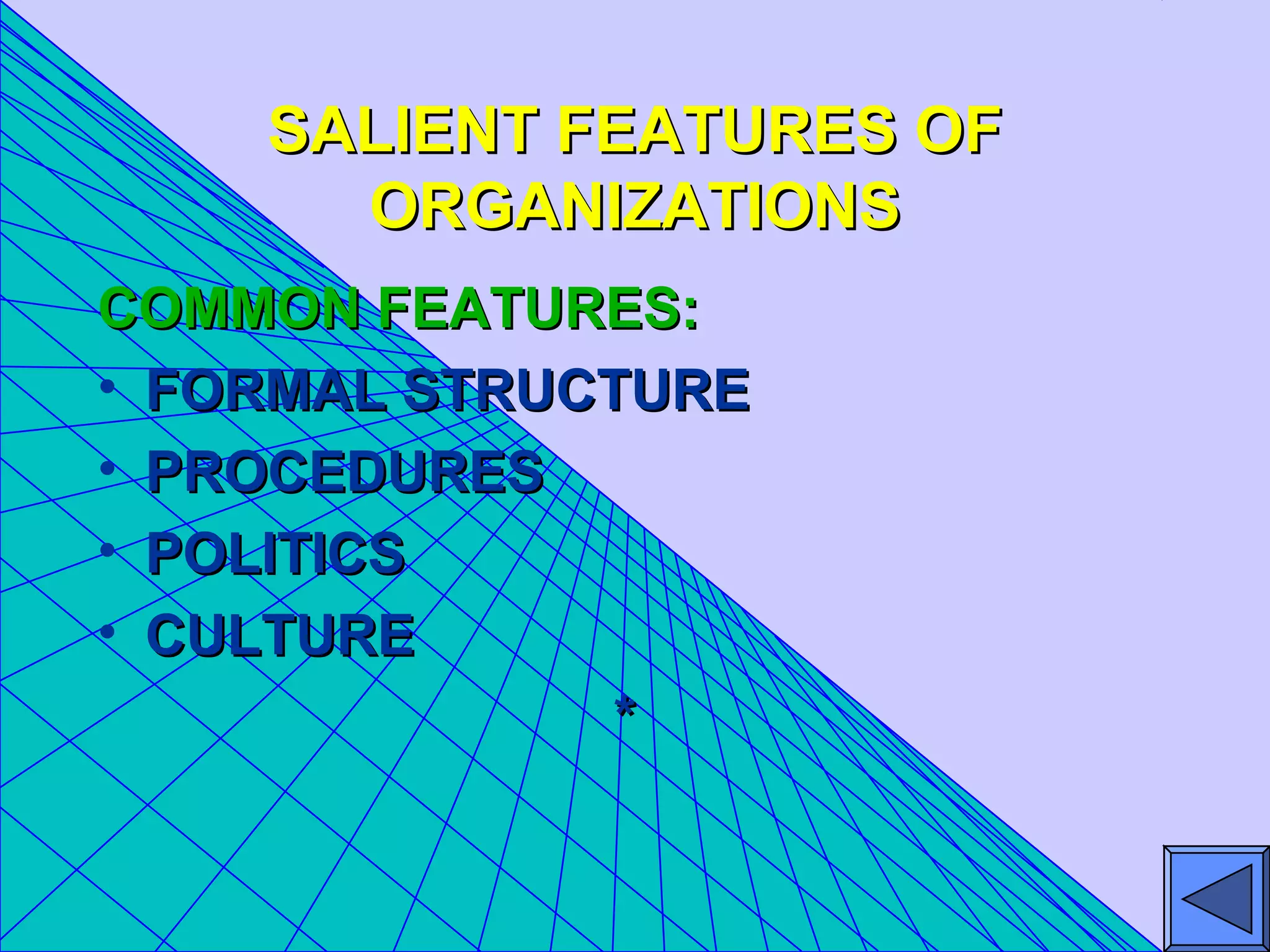 SALIENT FEATURES OFSALIENT FEATURES OF
ORGANIZATIONSORGANIZATIONS
COMMON FEATURES:COMMON FEATURES:
• FORMAL STRUCTUREFORMAL STRUCTURE
• PROCEDURESPROCEDURES
• POLITICSPOLITICS
• CULTURECULTURE
**
 