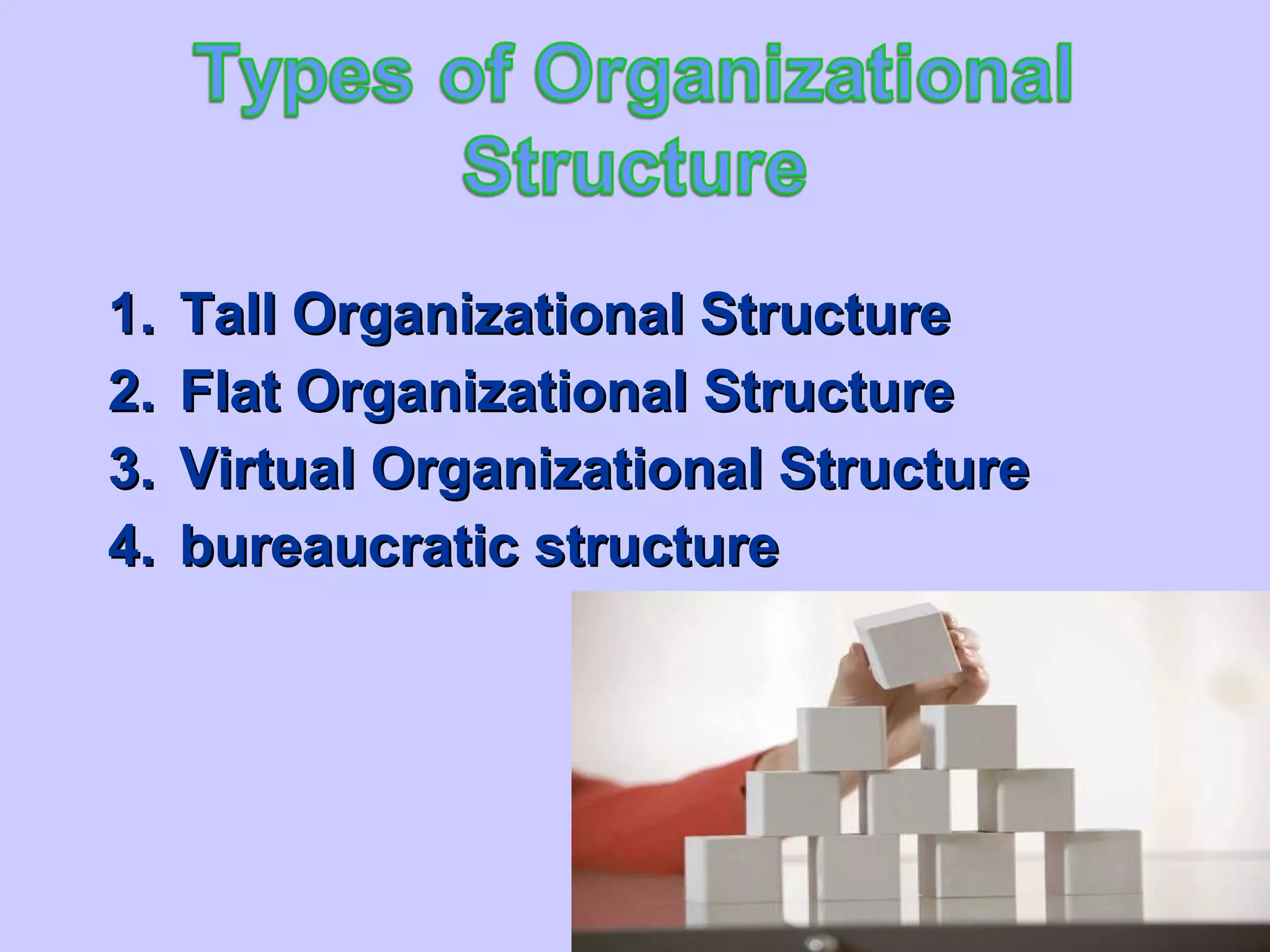 1.1. Tall Organizational StructureTall Organizational Structure
2.2. Flat Organizational StructureFlat Organizational Structure
3.3. Virtual Organizational StructureVirtual Organizational Structure
4.4. bureaucratic structurebureaucratic structure
 