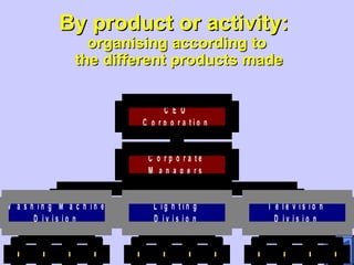 By product or activity:By product or activity:
organising according toorganising according to
the different products madethe different products made
W a s h i n g M a c h i n e
D i v i s i o n
L i g h t i n g
D i v i s i o n
T e l e v i s i o n
D i v i s i o n
C o r p o r a t e
M a n a g e r s
C E O
C o r p o r a t i o n
 