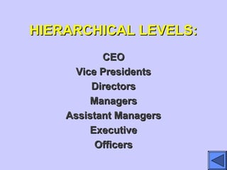 HIERARCHICAL LEVELS:HIERARCHICAL LEVELS:
CEOCEO
Vice PresidentsVice Presidents
DirectorsDirectors
ManagersManagers
Assistant ManagersAssistant Managers
ExecutiveExecutive
OfficersOfficers
 