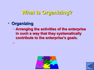 What Is Organizing?What Is Organizing?
• OrganizingOrganizing
– Arranging the activities of the enterpriseArranging the activities of the enterprise
in such a way that they systematicallyin such a way that they systematically
contribute to the enterprise’s goals.contribute to the enterprise’s goals.
–
 