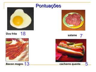 PontuaçõesPontuações
Bacon magro
salame
cachorro quente13
7
5
Ovo frito 18
 
