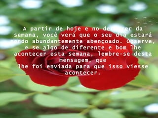 A partir de hoje e no decorrer da semana, você verá que o seu dia estará sendo abundantemente abençoado. Observe, e se algo de diferente e bom lhe acontecer esta semana, lembre-se desta mensagem, que lhe foi enviada para que isso viesse acontecer. 
