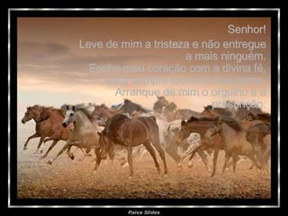 Senhor! Leve de mim a tristeza e não entregue a mais ninguém. Enche meu coração com a divina fé, para sempre louvar o Seu nome. Arranque de mim o orgulho e a presunção. 