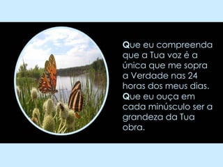 Q ue eu compreenda que a Tua voz é a única que me sopra  a Verdade nas 24 horas dos meus dias.  Q ue eu ouça em cada minúsculo ser a grandeza da Tua obra. 