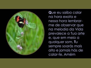 Q ue eu saiba calar na hora exata e nessa hora lembrar-me de observar que na melodia da Vida prevalece a Tua arte e, que em meio a qualquer som,  T u sempre soarás mais  alto e jamais hás de calar-te.   Amém  