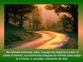Na estrada dolorosa, pára, enxuga tua lágrima e ouve. O canto é imenso, as harmonias chegam do infinito para beijar-te a fronte, ó cansado viandante da vida.  