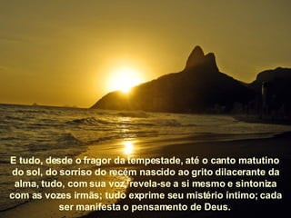 E tudo, desde o fragor da tempestade, até o canto matutino  do sol, do sorriso do recém nascido ao grito dilacerante da alma, tudo, com sua voz, revela-se a si mesmo e sintoniza com as vozes irmãs; tudo exprime seu mistério íntimo; cada ser manifesta o pensamento de Deus.  
