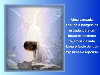 Alma cansada, abatida à margem da estrada, pára um instante na eterna trajetória da vida, larga o fardo de tuas expiações e repousa.   
