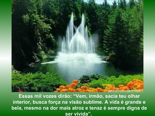 Essas mil vozes dirão: “Vem, irmão, sacia teu olhar interior, busca força na visão sublime. A vida é grande e bela, mesmo na dor mais atroz e tenaz é sempre digna de ser vivida”.  