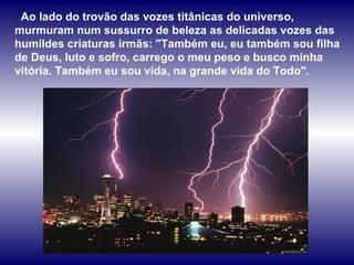 .  Ao lado do trovão das vozes titânicas do universo, murmuram num sussurro de beleza as delicadas vozes das humildes criaturas irmãs: "Também eu, eu também sou filha de Deus, luto e sofro, carrego o meu peso e busco minha vitória. Também eu sou vida, na grande vida do Todo".  