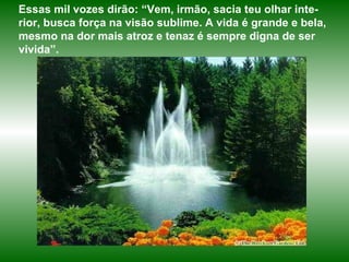 Essas mil vozes dirão: “Vem, irmão, sacia teu olhar inte-rior, busca força na visão sublime. A vida é grande e bela, mesmo na dor mais atroz e tenaz é sempre digna de ser vivida”.  