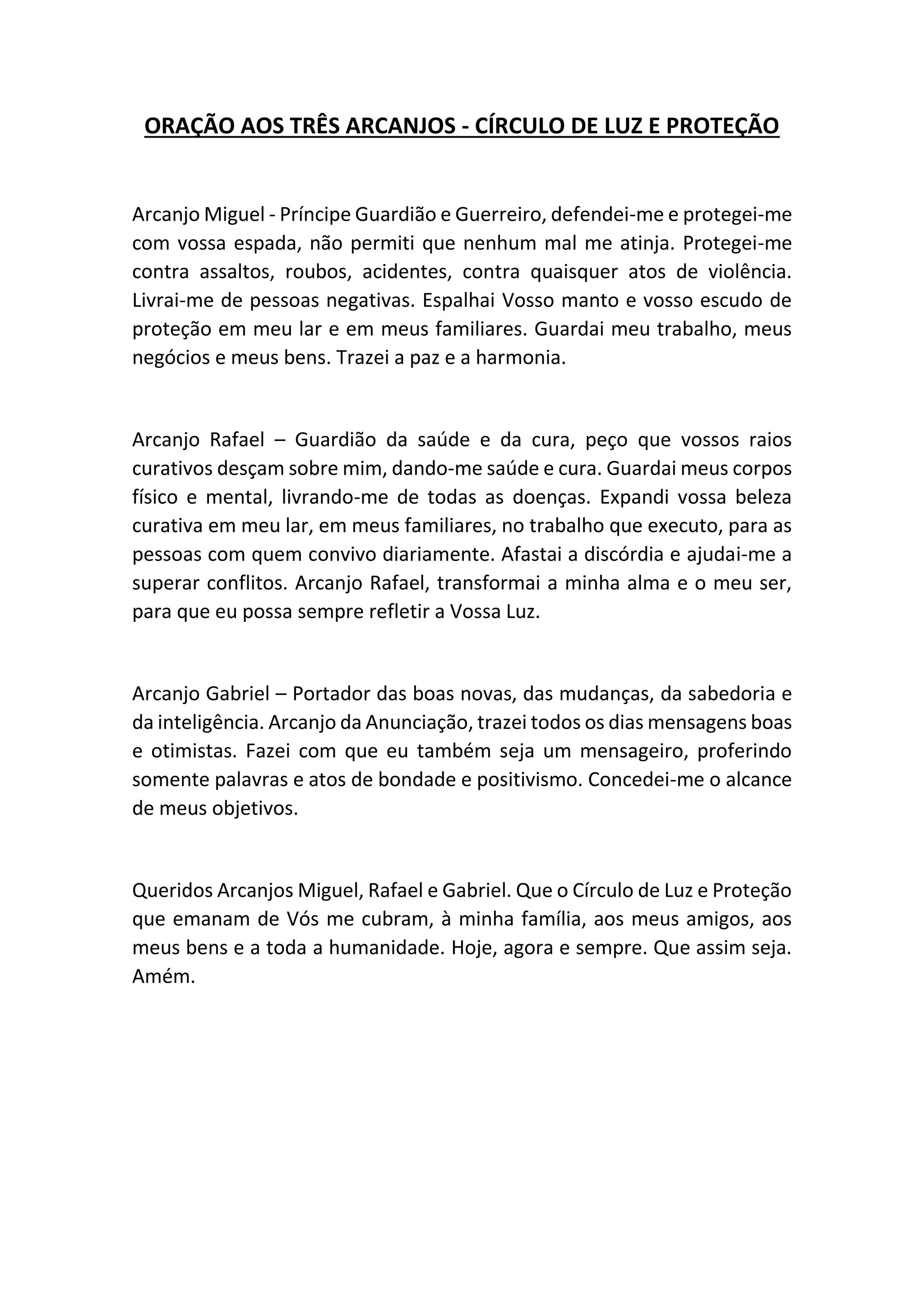Oração Aos Três Arcanjos - Círculo De Luz E Proteção | DOCX