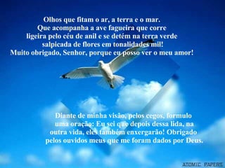 Olhos que fitam o ar, a terra e o mar. Que acompanha a ave fagueira que corre ligeira pelo céu de anil e se detém na terra verde salpicada de flores em tonalidades mil! Muito obrigado, Senhor, porque eu posso ver o meu amor! Diante de minha visão, pelos cegos, formulo  uma oração: Eu sei que depois dessa lida, na outra vida, eles também enxergarão! Obrigado  pelos ouvidos meus que me foram dados por Deus. 
