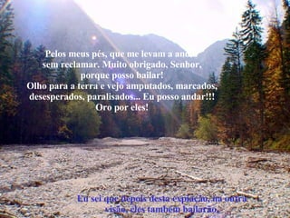Pelos meus pés, que me levam a andar sem reclamar. Muito obrigado, Senhor, porque posso bailar! Olho para a terra e vejo amputados, marcados, desesperados, paralisados... Eu posso andar!!! Oro por eles! Eu sei que depois desta expiação, na outra visão, eles também bailarão. 