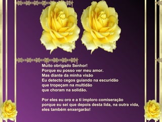 Muito obrigado Senhor! Porque eu posso ver meu amor. Mas diante da minha visão Eu detecto cegos guiando na escuridão que tropeçam na multidão que choram na solidão. Por eles eu oro e a ti imploro comiseração porque eu sei que depois desta lida, na outra vida, eles também enxergarão! 