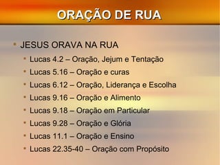 ORAÇÃO DE RUAORAÇÃO DE RUA

JESUS ORAVA NA RUA

Lucas 4.2 – Oração, Jejum e Tentação

Lucas 5.16 – Oração e curas

Lucas 6.12 – Oração, Liderança e Escolha

Lucas 9.16 – Oração e Alimento

Lucas 9.18 – Oração em Particular

Lucas 9.28 – Oração e Glória

Lucas 11.1 – Oração e Ensino

Lucas 22.35-40 – Oração com Propósito
 