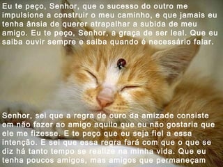 Eu te peço, Senhor, que o sucesso do outro me impulsione a construir o meu caminho, e que jamais eu tenha ânsia de querer atrapalhar a subida de meu amigo. Eu te peço, Senhor, a graça de ser leal. Que eu saiba ouvir sempre e saiba quando é necessário falar. Senhor, sei que a regra de ouro da amizade consiste em não fazer ao amigo aquilo que eu não gostaria que ele me fizesse. E te peço que eu seja fiel a essa intenção. E sei que essa regra fará com que o que se diz há tanto tempo se realize na minha vida. Que eu tenha poucos amigos, mas amigos que permaneçam para sempre.  