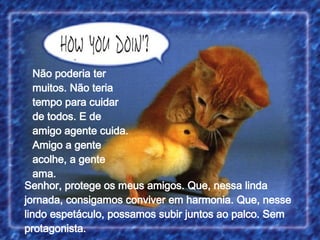 Senhor, protege os meus amigos. Que, nessa linda jornada, consigamos conviver em harmonia. Que, nesse lindo espetáculo, possamos subir juntos ao palco. Sem protagonista. Não poderia ter muitos. Não teria tempo para cuidar de todos. E de amigo agente cuida. Amigo a gente acolhe, a gente ama. 