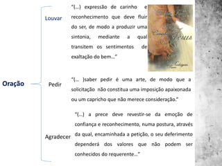 Oração
Louvar
Pedir
Agradecer
“(…) expressão de carinho e
reconhecimento que deve fluir
do ser, de modo a produzir uma
sintonia, mediante a qual
transitem os sentimentos de
exaltação do bem…”
“(… )saber pedir é uma arte, de modo que a
solicitação não constitua uma imposição apaixonada
ou um capricho que não merece consideração.”
“(…) a prece deve revestir-se da emoção de
confiança e reconhecimento, numa postura, através
da qual, encaminhada a petição, o seu deferimento
dependerá dos valores que não podem ser
conhecidos do requerente…”
 