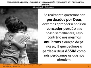 PERDOAI-NOS AS NOSSAS OFENSAS, ASSIM COMO NÓS PERDOAMOS AOS QUE NOS TÊM
                                     OFENDIDO
                                              Oração do Pai-Nosso


                                                               Se realmente queremos ser
                                                                 perdoados por Deus
                                                               devemos aprender a pedir ou
                                                                 conceder perdão aos
                                                                 nosso semelhantes, caso
                                                                  contrário nós mesmos
                                                                anulamos a oração do pai
                                                                 nosso, já que pedimos o
                                                               perdão a Deus ASSIM como
                                                                nós perdoamos os que nós
                                                                        ofendem.
Escola Bíblica – Comunidade Evangélica Cristo para as Nações
Por Daniel de Carvalho Luz                                                                   19
 