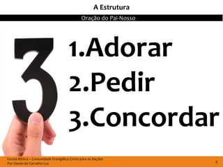 A Estrutura
                                              Oração do Pai-Nosso




                                      1.Adorar
                                      2.Pedir
                                      3.Concordar
Escola Bíblica – Comunidade Evangélica Cristo para as Nações
Por Daniel de Carvalho Luz                                          8
 