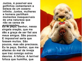 Juntos, é possível aos
golfinhos comentarem a
beleza de um oceano
infinito. Juntos, mulheres
e homens partilham
momentos inesquecíveis
de uma natureza que
não se cansa de
surpreender.
Eu te peço, Senhor, nessa

singela oração, que me
dês a graça de ser fiel aos
meus amigos. São poucos.
E impossível seria que
fossem muitos. São
poucos, mas são preciosos.
Eu te peço, Senhor, que me
afastes do mal da inveja
que traz consigo outros
desvios. A fofoca. A terrível
fofoca que humilha, que

 