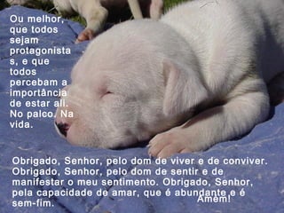 Ou melhor,
que todos
sejam
protagonista
s, e que
todos
percebam a
importância
de estar ali.
No palco. Na
vida.

Obrigado, Senhor, pelo dom de viver e de conviver.
Obrigado, Senhor, pelo dom de sentir e de
manifestar o meu sentimento. Obrigado, Senhor,
pela capacidade de amar, que é abundante e é
Amém!
sem-fim.

 