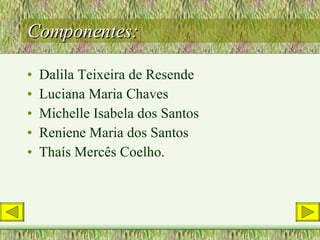 Componentes: Dalila Teixeira de Resende Luciana Maria Chaves Michelle Isabela dos Santos Reniene Maria dos Santos Thaís Mercês Coelho. 
