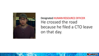 Designated HUMAN RESOURCE OFFICER
He crossed the road
because he filed a CTO leave
on that day.
 