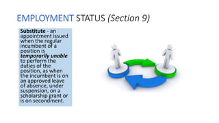 EMPLOYMENT STATUS (Section 9)
Substitute - an
appointment issued
when the regular
incumbent of a
position is
temporarily unable
to perform the
duties of the
position, as when
the incumbent is on
an approved leave
of absence, under
suspension, on a
scholarship grant or
is on secondment.
 