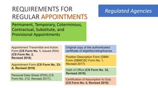 REQUIREMENTS FOR
REGULAR APPOINTMENTS
Permanent, Temporary, Coterminous,
Contractual, Substitute, and
Provisional Appointments
Regulated Agencies
Appointment Transmittal and Action
Form (CS Form No. 1, Issued (RAI)
(CS Form No. 2,
Revised 2018)
Appointment Form (CS Form No. 33-
A, Revised 2018)
Personal Data Sheet (PDS) (CS
Form No. 212, Revised 2017),
Original copy of the authenticated
certificate of eligibility/rating/license
Position Description Form (DBM-
Form (DBMCSC Form No. 1,
Revised 2017)
Oath of Office (CS Form No. 32,
Revised 2018)
Certification of Assumption to Duty
(CS Form No. 4, Revised 2018)
 