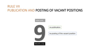 RULE VII
PUBLICATION AND POSTING OF VACANT POSITIONS
valid until
Months only
re-publication
re-posting of the vacant position
 