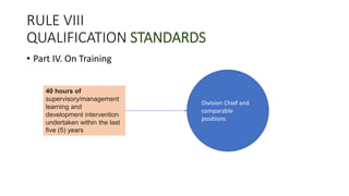 RULE VIII
QUALIFICATION STANDARDS
• Part IV. On Training
40 hours of
supervisory/management
learning and
development intervention
undertaken within the last
five (5) years
Division Chief and
comparable
positions
 