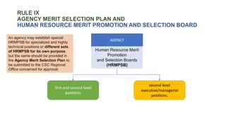 RULE IX
AGENCY MERIT SELECTION PLAN AND
HUMAN RESOURCE MERIT PROMOTION AND SELECTION BOARD
AGENCY
first and second level
positions
Human Resource Merit
Promotion
and Selection Boards
(HRMPSB)
second level
executive/managerial
positions.
An agency may establish special
HRMPSB for specialized and highly
technical positions or different sets
of HRMPSB for its own purpose,
but the same should be provided in
the Agency Merit Selection Plan to
be submitted to the CSC Regional
Office concerned for approval.
 