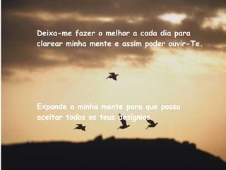 Deixa-me fazer o melhor a cada dia para clarear minha mente e assim poder ouvir-Te. Expande a minha mente para que possa aceitar todos os teus desígnios.   