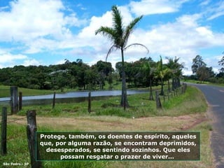 Protege, também, os doentes de espírito, aqueles que, por alguma razão, se encontram deprimidos, desesperados, se sentindo sozinhos. Que eles possam resgatar o prazer de viver...  São Pedro - SP 