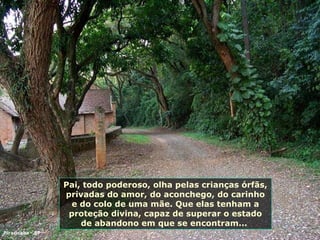 Pai, todo poderoso, olha pelas crianças órfãs, privadas do amor, do aconchego, do carinho e do colo de uma mãe. Que elas tenham a proteção divina, capaz de superar o estado de abandono em que se encontram...  Piracicaba - SP 