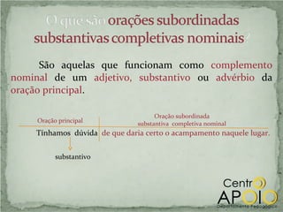 São aquelas que funcionam como complemento
nominal de um adjetivo, substantivo ou advérbio da
oração principal.

                                     Oração subordinada
     Oração principal          substantiva completiva nominal
    Tínhamos dúvida de que daria certo o acampamento naquele lugar.


           substantivo
 