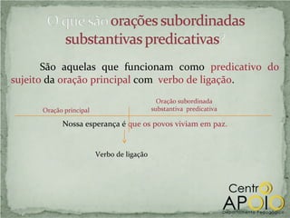 São aquelas que funcionam como predicativo do
sujeito da oração principal com verbo de ligação.
                                              Oração subordinada
      Oração principal                      substantiva predicativa

            Nossa esperança é que os povos viviam em paz.


                         Verbo de ligação
 