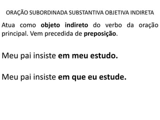 ORAÇÃO SUBORDINADA SUBSTANTIVA OBJETIVA INDIRETA

Atua como objeto indireto do verbo da oração
principal. Vem precedida de preposição.


Meu pai insiste em meu estudo.

Meu pai insiste em que eu estude.
 