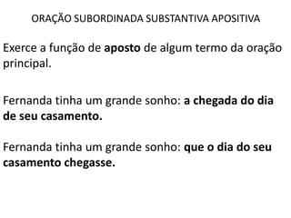 ORAÇÃO SUBORDINADA SUBSTANTIVA APOSITIVA

Exerce a função de aposto de algum termo da oração
principal.

Fernanda tinha um grande sonho: a chegada do dia
de seu casamento.

Fernanda tinha um grande sonho: que o dia do seu
casamento chegasse.
 