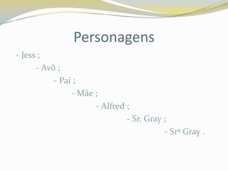 Personagens
- Jess ;
      - Avô ;
           - Pai ;
                - Mãe ;
                      - Alfred ;
                               - Sr. Gray ;
                                          - Srª Gray .
 